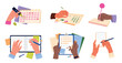 © Flash Vector - Multiple diverse hands write on notebooks, calendars, and documents, showing planning, paperwork, and note-taking activities, isolated on white background vector illustration