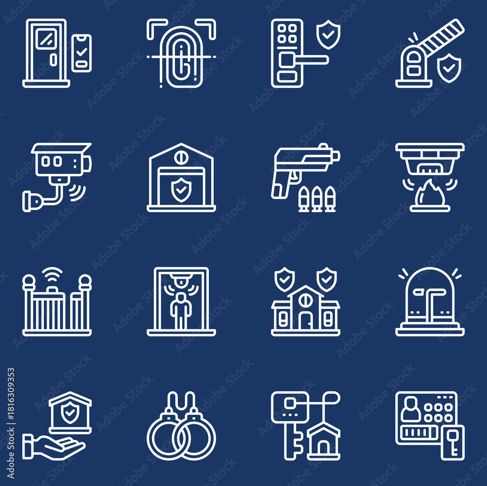 Collection of Security and Protection Icons, Including Surveillance ...