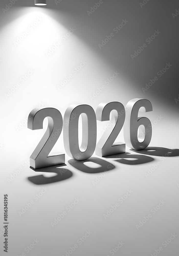 Silver metallic numbers 2026 casting a shadow on a white surface under ...