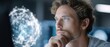 © Bee - Contemplative Vision: A focused individual gazes intently at an ethereal digital representation, lost in thought and exploring innovative concepts within a futuristic interface.