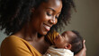 © Pete - Happy african mom hugs newborn baby. Woman holds infant with love indoors. Parent smiles at child. Motherhood concept. Childbirth portrait. Family lifestyle. Black woman with kid at home.