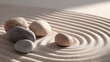 © Dirk - Minimal zen garden with smooth stones and calming soft light. Sand zen garden with smooth stones, gentle shadows, soft diffused lgith, meditative minimal composition, calming visual balance.