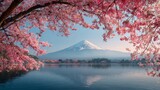 Serene spring landscape of mount fuji with vibrant pink cherry blossom trees reflecting over tranquil waters of lake kawaguchiko in japan creating a peaceful scenic view of iconic mountain and bloomin