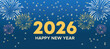 © Design studio - Happy New Year 2026 Banner with Gold Fireworks and Hanging Ornaments on Dark Blue Background