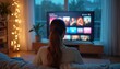 © Pete - Woman watches content on smart TV at home. Girl relaxes on a sofa. Lady looks at a flat screen television set enjoying leisure time in cozy apartment at night.