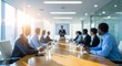 © Fa_art - Business Presentation in Bright Conference Room with Executives Sitting at Table Listening to Speaker Discussing Financial Data