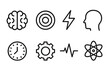 © King558 - Mental Focus Icons. Mental focus concept linear icon set: brain, target, lightning, head profile, clock, gear, heartbeat line, atom symbol