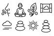 © Innovator587 - Mindful Breathing Icons. Mindful Airflow linear icon set. nose, airflow path, calm posture, leaf swirl, open window, sky cloud, balanced stones, sunbeam