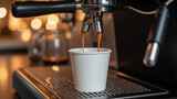 Freshly brewed coffee pours into white cup from espresso machine, creating rich and inviting scene. warm bokeh lights background enhance cozy