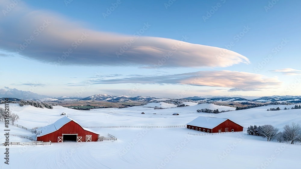 Two classic red barns stand prominently in a vast, snow-covered rural ...