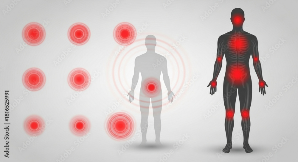 Human body with pain points highlighted in red showing areas of ...