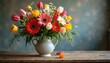 © Pete - Colorful mixed flowers arranged in ceramic vase on rustic wood table. Gerbera daisies and tulips create vibrant natural beauty perfect for decor and gifts.