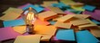 © Cherrin - A glowing bulb atop colorful sticky notes creates a vibrant workspace scene.