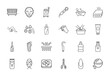 © MSTRABEIA - Beauty and spa line icon set. Vector pictograms of tanning bed, face mask, massager, bathtub, towels, cupping, lotion, hair clipper, and bath bomb, thin linear illustration.