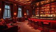 © Pete - Elegant cocktail lounge with red velvet chairs. Stylish interior decor features comfortable seating, ambient lighting. Alcohol bottles displayed on shelves. Luxury furniture creates inviting