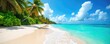 © Hugnaka - Vibrant turquoise ocean waves crash on a pristine white sand beach, surrounded by lush tropical palm trees and vibrant green foliage under a bright sunny sky Paradise found , travel, sand