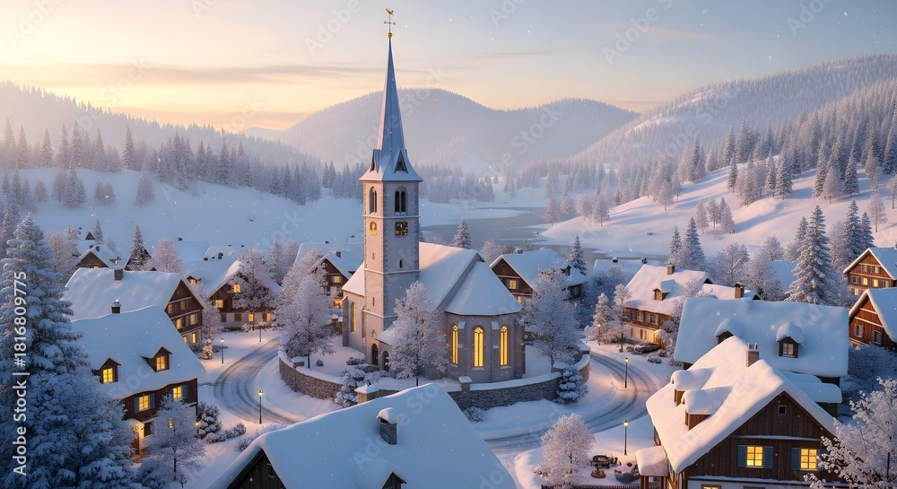 Serene winter village with a prominent church, snowcovered houses, and ...