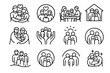 © peppastocker - Family Unity Icons. Family Togetherness linear icon set: group embrace, heart circle, shared meal icon, home outline, cozy blanket, supportive hands, warm light, connection arc