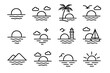 © peppastocker - Sunset Iconography. Sunsets linear icon set: sun over horizon, ocean waves, palm tree, clouds, seagull, lighthouse, sailboat, reflection, mountain silhouette, warm glow, star