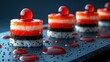 © ANASTASIIA - Premium sushi rolls with vibrant sriracha glaze spheres and artistic sauce droplets on modern slate presentation board showcasing contemporary Japanese cuisine