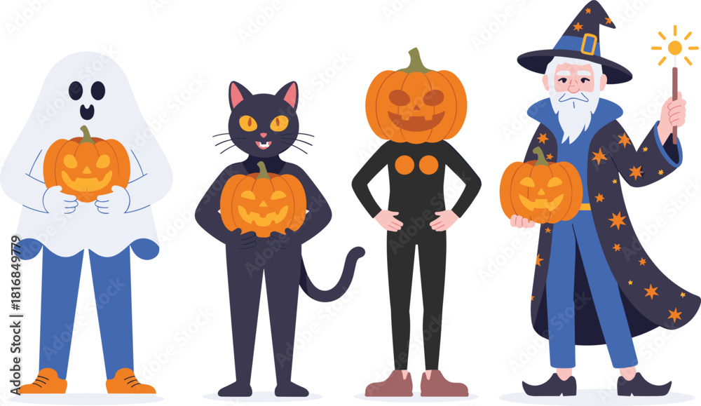 Halloween characters holding jack o lanterns including ghost black cat ...