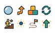 © peppastocker - Personal Growth Icons. Personal Growth Pathways pixel style icon set: reflective bubble, curiosity arrow, skill blocks, practice loop, guided step icon, insight dot, learning trail