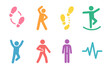 © peppastocker - Vibrant Movement Icons. Body Movement flat icon set: dance steps, stretch figure, footstep trail, balance curve, jumping silhouette, arm sweep, posture line, active pulse