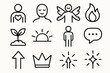 © peppastocker - Empowerment Icon Set. Inner Confidence linear icon set: heart center, peaceful face, open arms, wings, flame of strength, plant sprout, sunlight, standing person, speech icon