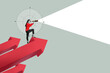 © Igor Link - Art collage. Woman with a telescope looks to the success on top of the arrow mountain, Symbol of the startup, business finance concept, achievement, leadership.