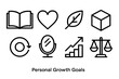© peppastocker - Personal Growth Icons. Personal Growth Goals linear icon set: open book, heart symbol, wellness leaf, skill cube, habit loop, reflective mirror, growth arrow, balanced scale