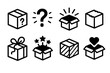 © peppastocker - Mystery Package Icons. Surprise Package Icons linear icon set. mystery box, question mark glow, burst of light, torn paper edge, ribbon curl, stars flying out, wrapping texture