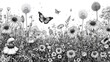 © Olga - A monochromatic illustration depicting a field of blossoms, with a flying insect atop one of the flowers