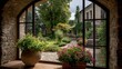 © Olga - A lush green field of flowers sits next to a large potted plant perched atop a window sill