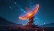 © Pete - Large satellite dish in desert at night. Illuminated dish surrounded by network lines, starry sky. Mountains, city lights in background. Global communication, connectivity concept. Orange, blue