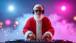 © PixelCorp.ai - DJ Santa Claus mixing tracks in a nightclub at a Christmas and New Year party or Corporate events. Senior disc jockey as Santa listening music, headphones, laptop, mixer controller player, turntable.