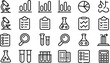 © LailaArtworks - Hand drawn science and business icons featuring microscopes charts clipboards test tubes magnifying glasses and calculators in a doodle style