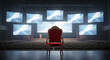 © Ednardo - The Throne in the Auditorium: An imposing stage setup featuring a grand throne chair, a symbol of authority and command, set against a backdrop of screens within a vast auditorium.