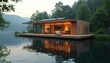 © Pete - Modern floating house on water surrounded by forest. Scenic lake house provides calm, eco friendly retreat in natural environment. Sustainable home design with glass walls, wooden deck on beautiful