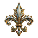 Ornate antique french fleur de lis emblem isolated on transparent background, highly detailed baroque decorative element with gold and blue finish