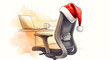 © Felipe - Oficina en casa cálida con silla de trabajo y gorro de Papá Noel, teletrabajo productivo en Navidad