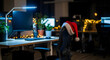 © Felipe - Oficina moderna de noche con gorro de Papá Noel en silla de trabajo, teletrabajo y ambiente navideño corporativo