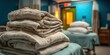 © Ahmad - Stacks of folded linens and pillows in a spa treatment room.