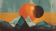 © Galih - Graphic mountains under a large orange sun, with a partially obscuring sphere