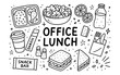 © 123levit - Office lunch doodle art with snacks, beverages, and utensils in black and white