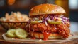 © Pete - Spicy fried chicken sandwich with coleslaw and pickles on bun. Delicious meal features crispy chicken, fresh slaw, and dill pickles dripping with sauce. Perfect for food blogs or restaurant menus.