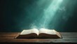 © Pete - Open book emits bright light and vapor. Sacred text radiates divine energy. Spiritual illumination, wisdom, and revelation appear from holy scripture on wooden table.