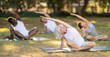 © JackF - Multinational people of different ages in park practicing yoga. Amateurs performing gymnastic. Senior woman yoga master and followers do padmasana, svastikasana. People practice yoga during in nature