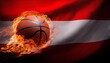 © silver bug - A flaming basketball hovers over Austria red-and-white flag, symbolizing intense national pride. The fire’s glow contrasts sharply with the flag’s bold colors, capturing dynamic energy.