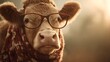 © Jojo* - Close-up of a brown cow wearing glasses, looking directly at the camera with a serious expression, in warm sunlight.