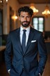 © Pete - Young man in sharp dark blue suit and tie stands with hands in pockets. He has dark hair beard and confident look. Background is blurred indoor setting with warm lighting.